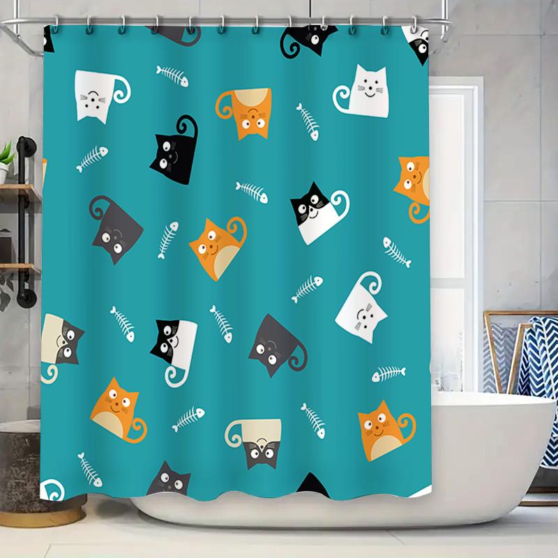 

Modern Unique Cartoon Cat Fish Design Shower Curtain For Bathroom Decor Blue Color 72X84 Inch Waterproof Fabric Shower Curtains W60H190(CM)-1 Pcs