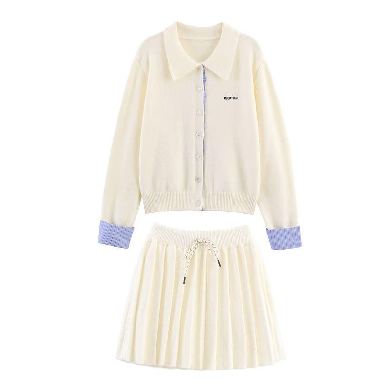 Kaslead New Women Clothes Western Style Fashion Simple Embroidered Knitted Long Sleeve Top Skirt Set