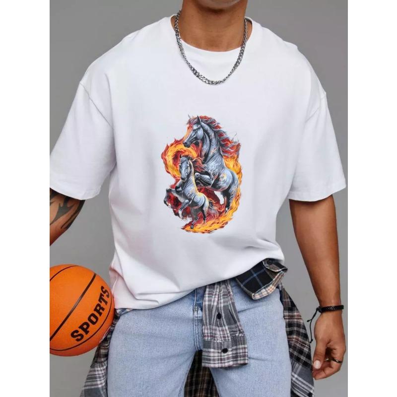 Wit T-shirt met Paard- en Vuurdesign voor Casual Kleding