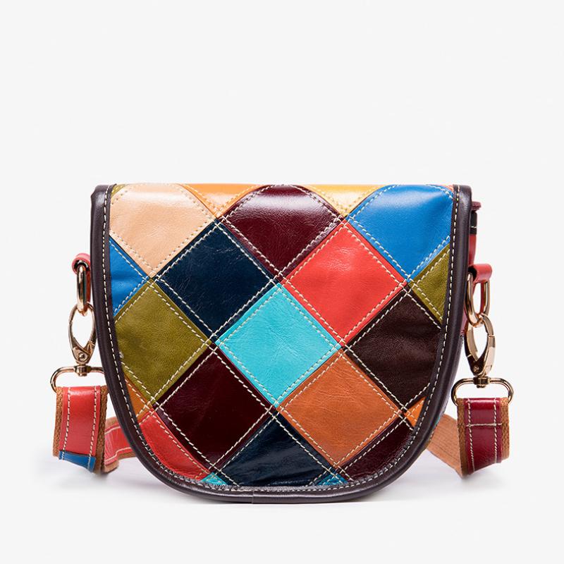 Johnature Genuine Leather Color Splicing Women Bag Vintage Soft Cowhide Versatile Plaid Shoulder & Crossbody Bags