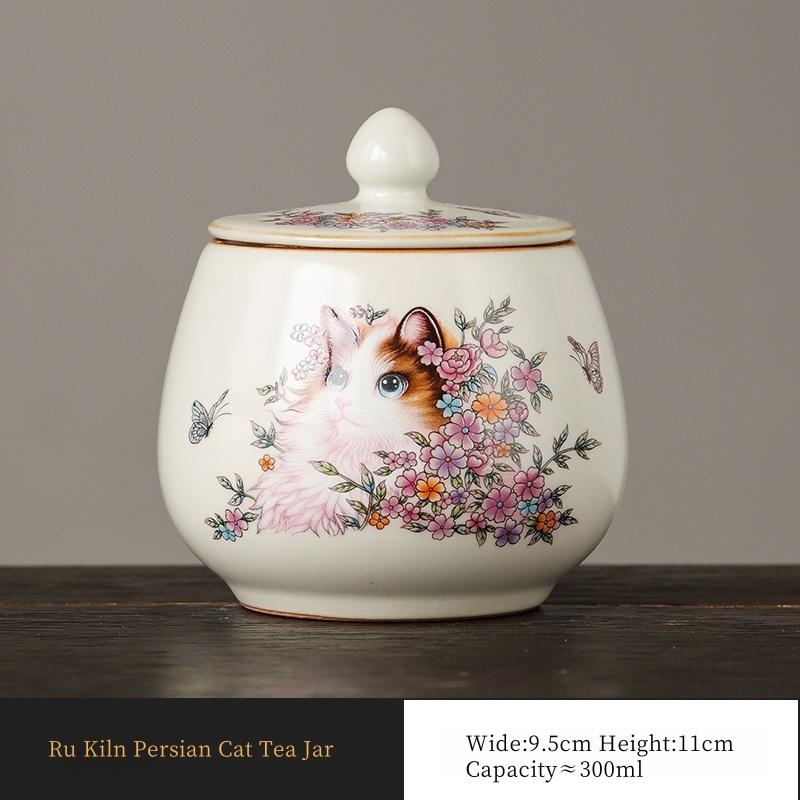 Ru Kiln Persian Cat Ceramic Tea Jar Household Storage Sealed Jar Kung Fu Tea Set Tea CeremonyAccessories