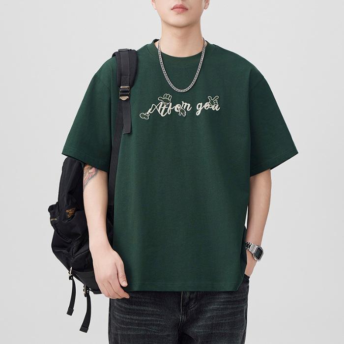 

300 г Летняя Новая Американская Вышитая Футболка с Коротким Рукавом для Мужчин Свободная Японская Повседневная 4XL