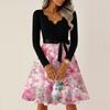 Women's Casual Fashion V-neck Long Sleeved Retro Christmas Print Retro Dress