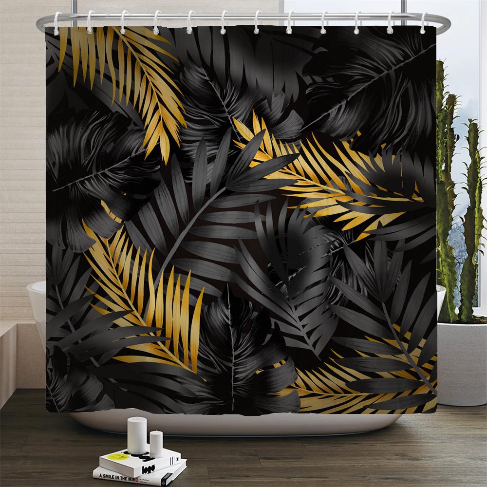 Black and Gold Tropical Plant Palm Leaf Bathroom Shower Curtain Set for Bathtub Exotic Leaves Bath Mats Rugs Toilet Home Decor