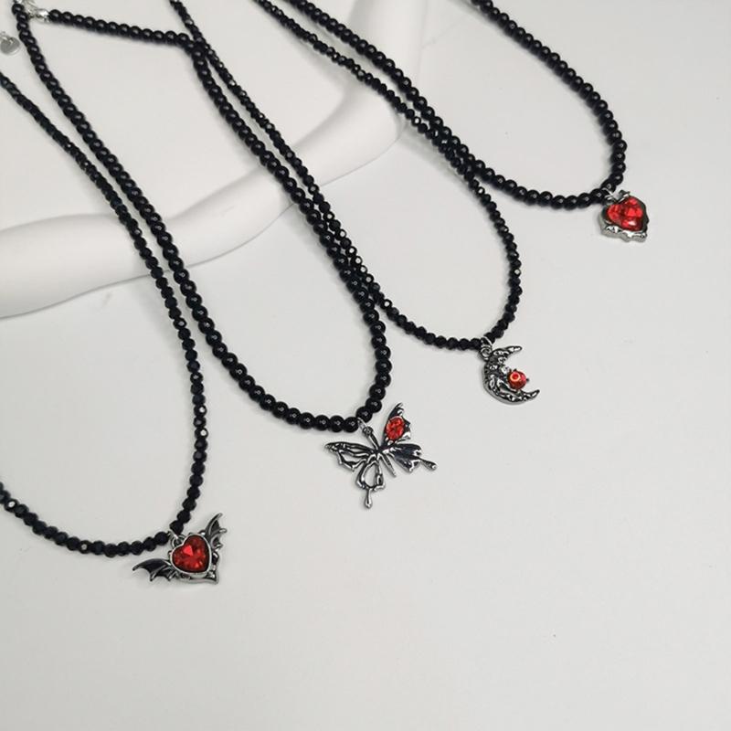 Gothic Style Heart And Butterfly Black Crystal Beaded Necklace Unique Neck Chain For Women Seeking Unique Fashion