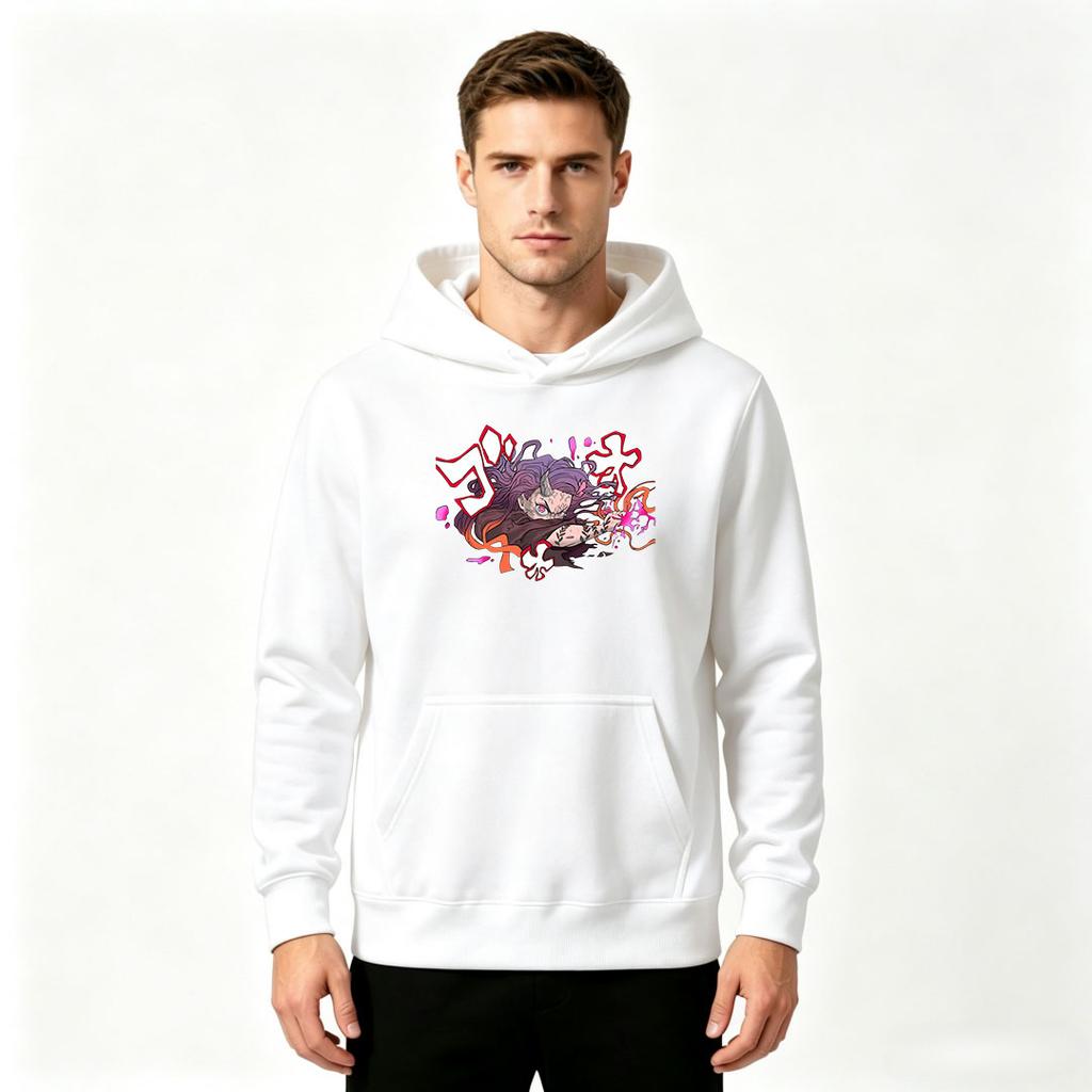 Men Anime Print Pullover Hoodie Casual Purple Hair Demon Character Graphic Long Sleeve Sweatshirt