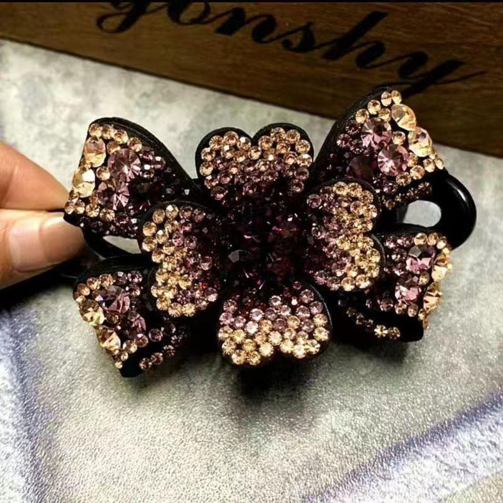 Bowknot Flower Crystal Hairpins Zircon Women Duckbill Clip Rhinestone Flower Hair Clip  Wash Face