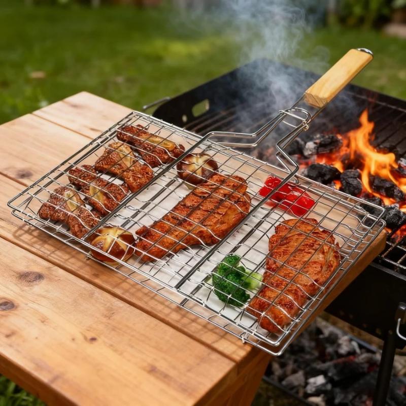 Rete per Griglia Barbecue Pieghevole Per Hamburger Barbecue Solida Placcatura Ferrolettrica Manico in Legno Resistente al Calore Per Barbecue all'Aperto