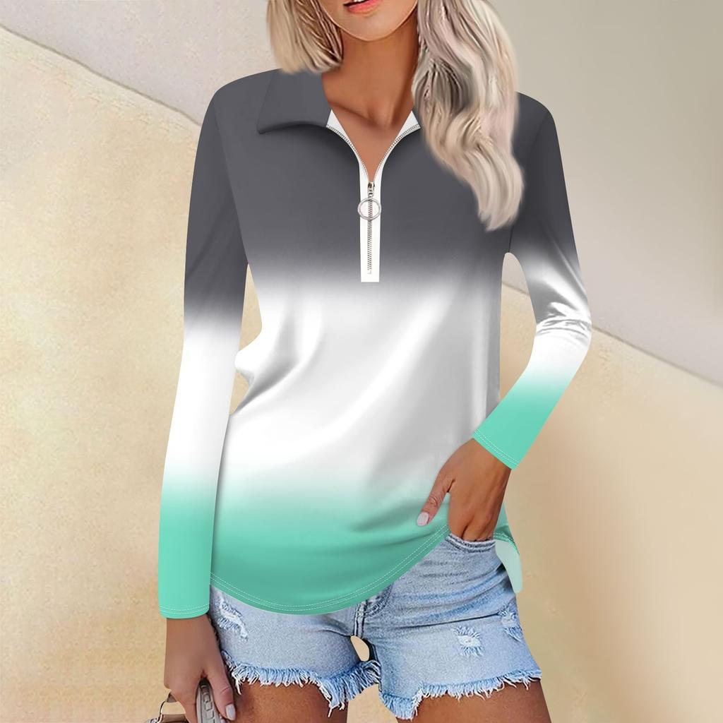 Damen Frühling und Mode Casual Printed Zipper V-Ausschnitt Langarm Shirt Tops