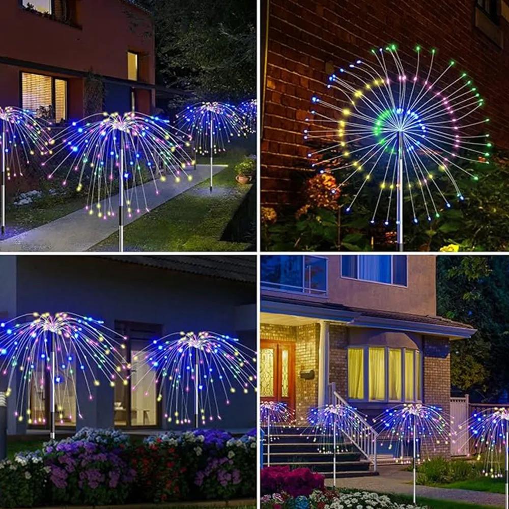 Outdoor Solar Powered Fireworks Lights 8 Modes Garden Waterproof Lawn Lamp Dandelion Light For Yard Camping Christmas Decor
