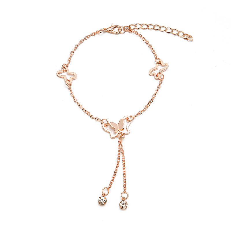 Korean Butterfly Tassel Anklet with Rhinestones, Rose Gold Mori Style