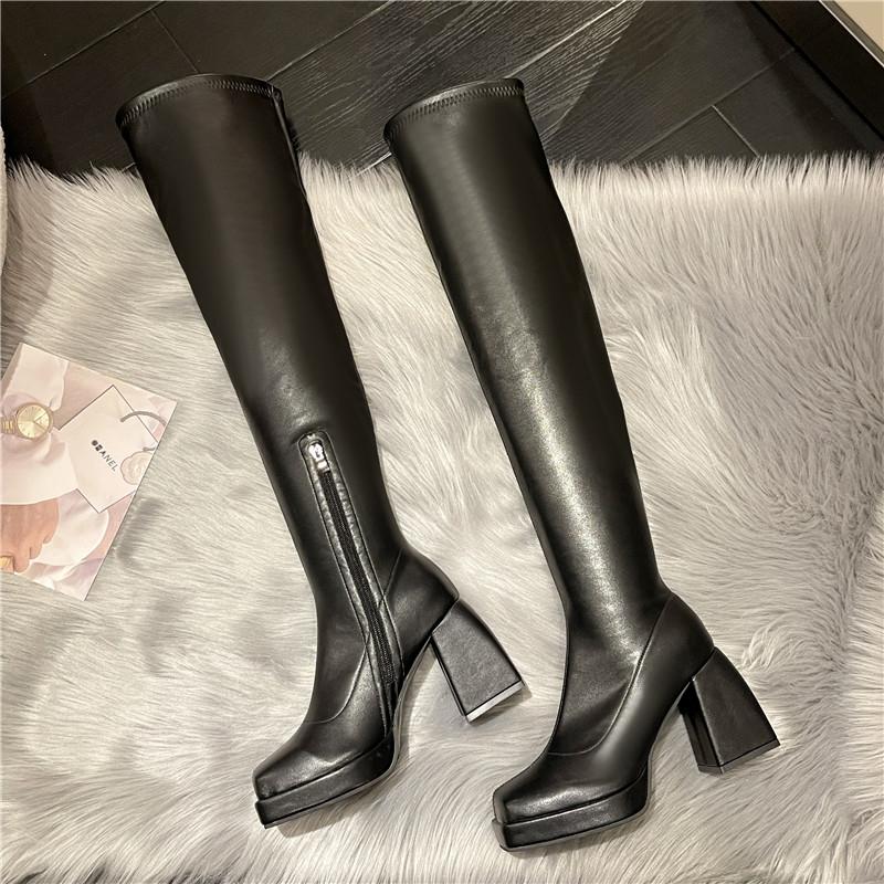 Thigh High Boots Women Over-the-knee High Heels Boots Platform Shoes Chunky Heels Moccasin Black Luxury Designer Elegant Trend