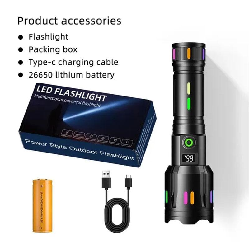LED Laser Tactical Flashlight 2000 Lumen Zoom Camping Torch Colorful Fluorescent Strip Outdoor Emergency Portable LED Flashlight