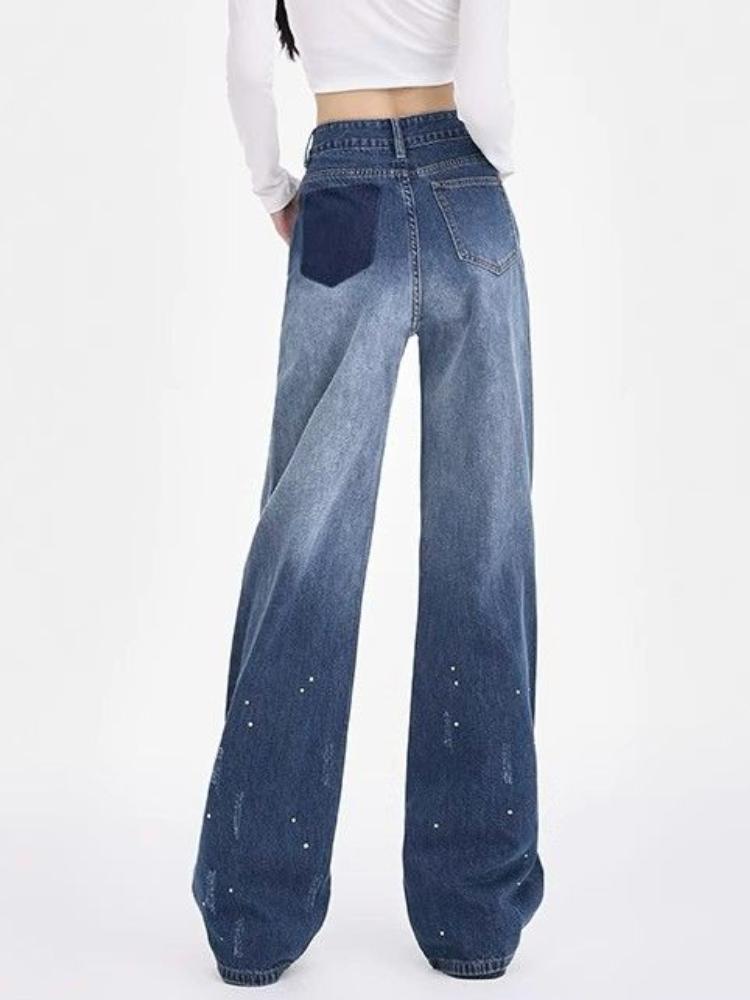 Gradient Fashion Design Wide Leg Jeans Women Autumn New High Waist Elegant Slim Long Pants Casual Drape Straight Mop Pants