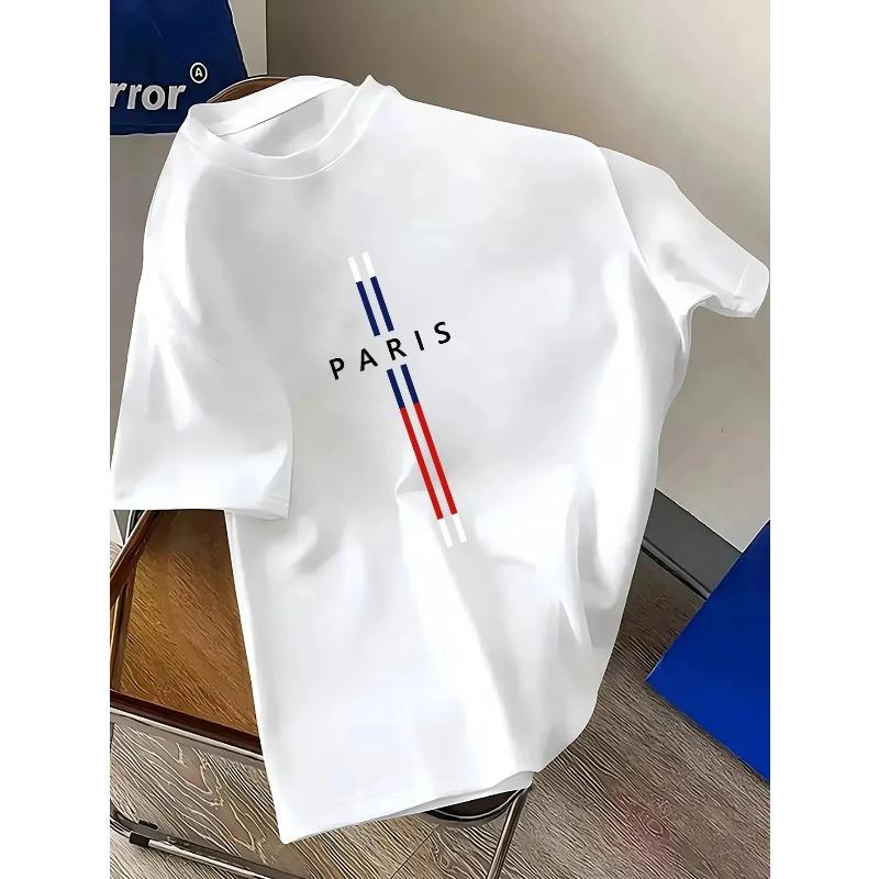 Men s Summer 100% Cotton Mature Fashion Loose Paris Print Casual Slim Round Neck Short Sleeve T-shirt Short Sleeve S