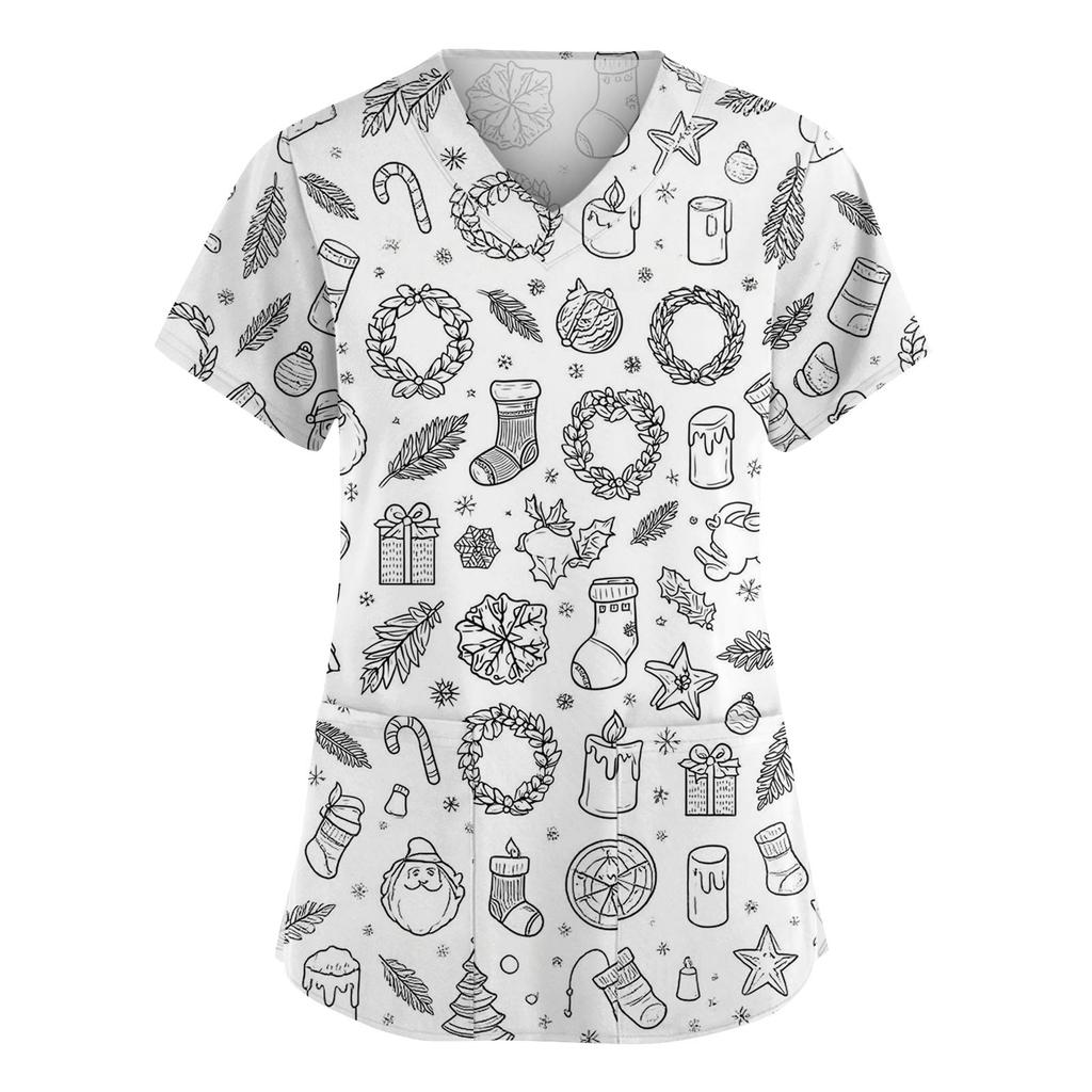 Damenmode V-Ausschnitt Kurzarm Overalls mit Taschen Print Tops Kleidung