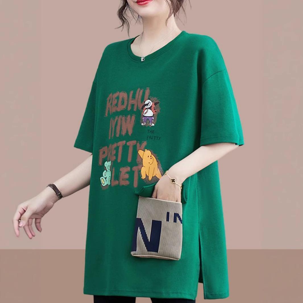 

New Summer Women s T-shirt Short-sleeve Cotton Mid-Length Pocket Loose Slim Shirt Split Round Neck Cartoon Letter Printed Tops 4XL рожевий червоний колір
