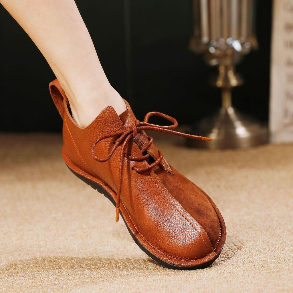 Women's High-Top Genuine Leather Ankle Boots - Soft Sole, Flat Heel, Lace-Up, Comfortable & Lightweight, 2025 Autumn/Winter Collection