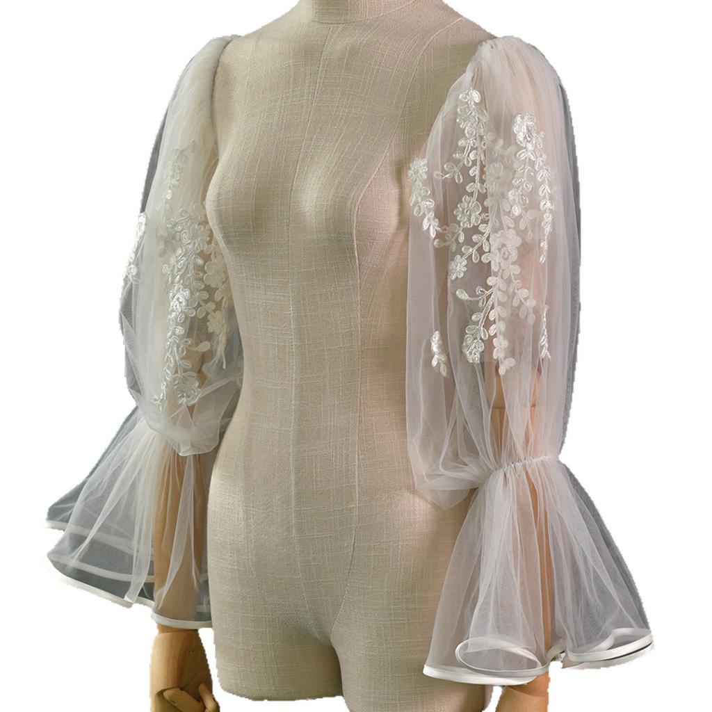 Detachable Off Shoulder Tulle Puff Arm Cuffs, Floral Embroidery Flared Bell Mesh Sleeve Covers For Bridal Wedding Strapless Gown Photoshoot