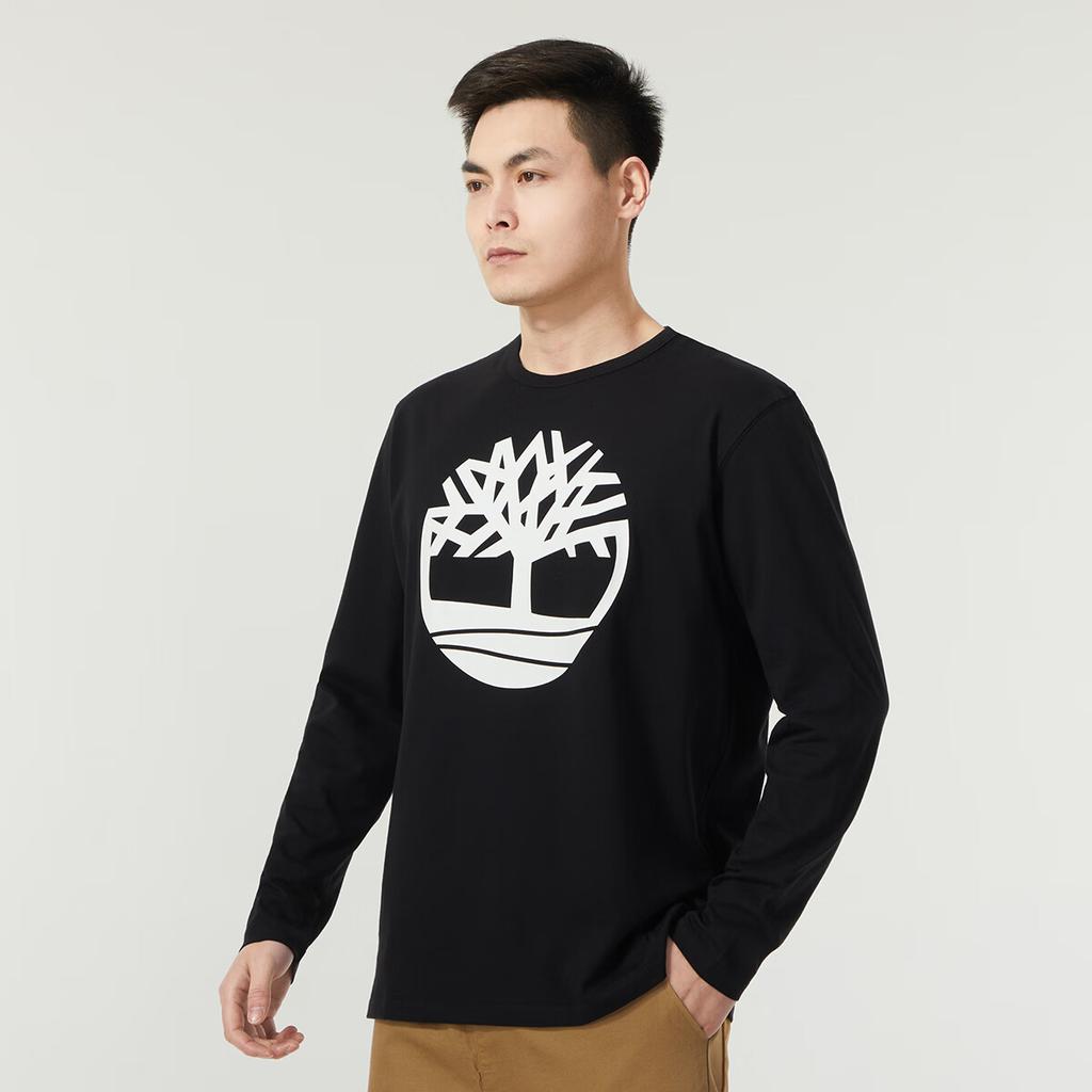 Timberland Tree Logo Print American Vintage Outdoor Sports Casual Comfortable Breathable Loose Crew Neck Long Sleeve T-Shirt Men Tops Black A2Q9U-001