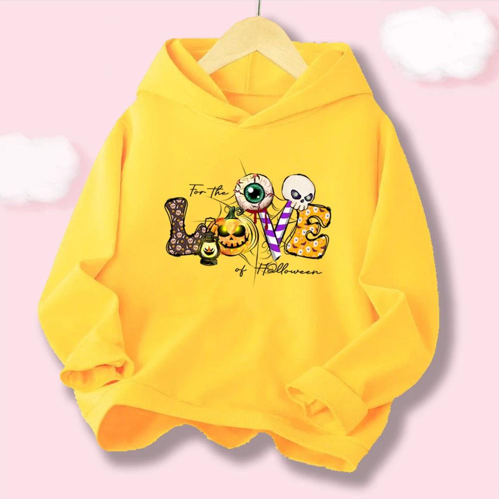 Kawaii Boys' & Girls' Halloween Hoodie "LOVE" Letter with Pumpkin and Skull Print, Casual Kids' Hooded Top