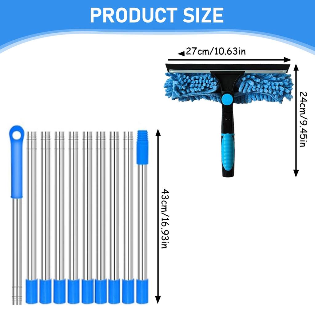 2-in-1 High Waist Window Cleaning with 10 Joint Extension Pole Stainless Steel Scraper and Squeegee Reusable Microfiber Cloth