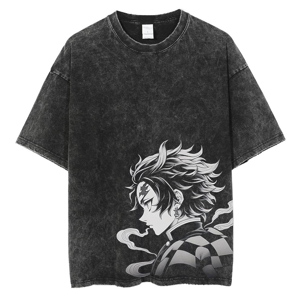 Hot Anime Demon Slayer Kamado Tanjirou Graphic Print T Shirt Men Manga Tshirts Washed Cotton T-shirt Harajuku Male Vintage Tee