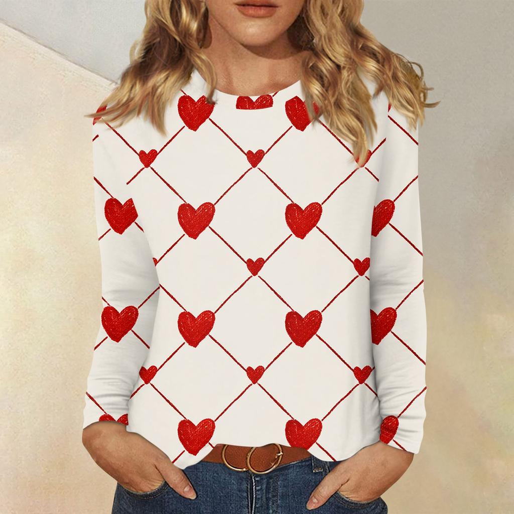 Damen Valentinstag Modisches Herzmuster Rundhals Langarm Pullover Top
