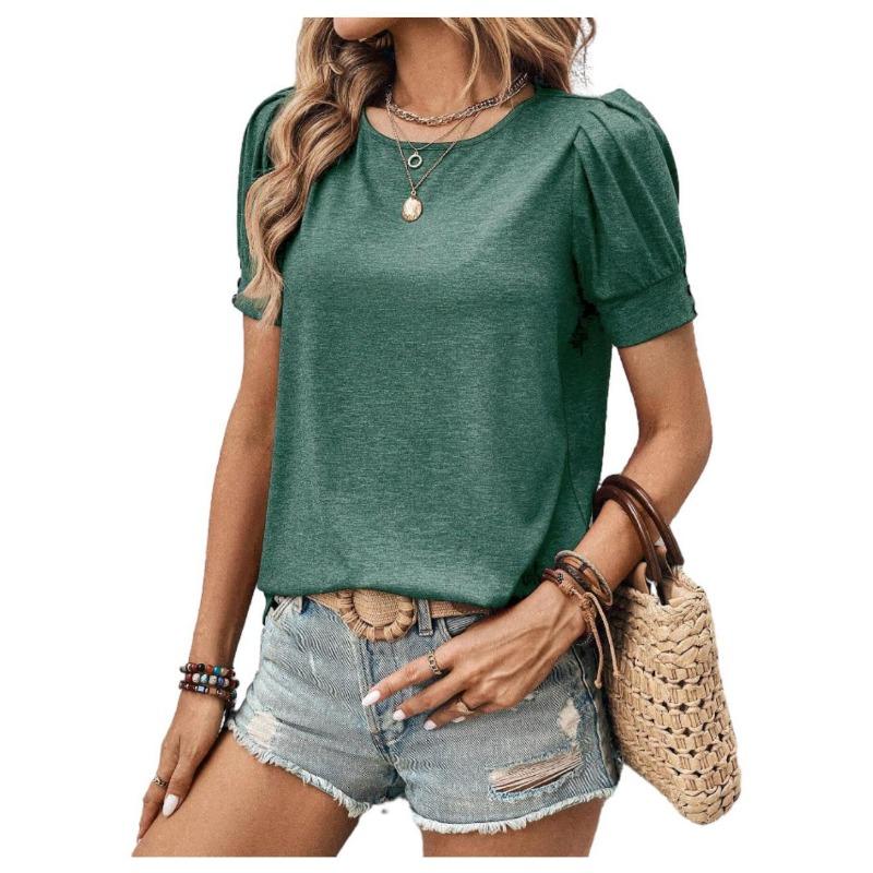 Women's Spring and Summer New Round Neck Loose Buttons Decorated Short-sleeved T-shirt Tops