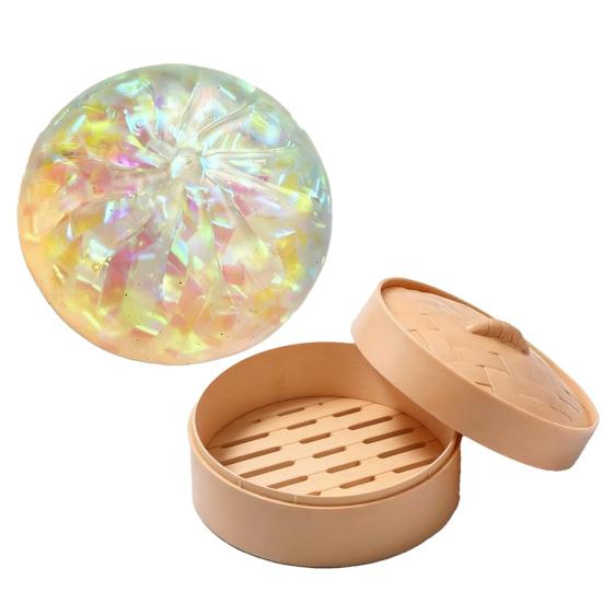 Sensory Stress Toy Glitter Dumpling Squeeze with Steamer Box Relief Dough Ball Fidget Toy Soft Simulated Steamed Bun Gadget