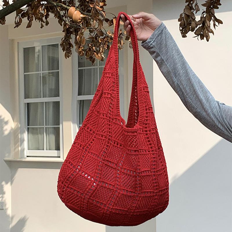 Yogodlns Retro Knitted Net Bag Shoulder Tote Beach Holiday Women's Bag Weaving Art Style Casual Minimalist Polyester Handbags