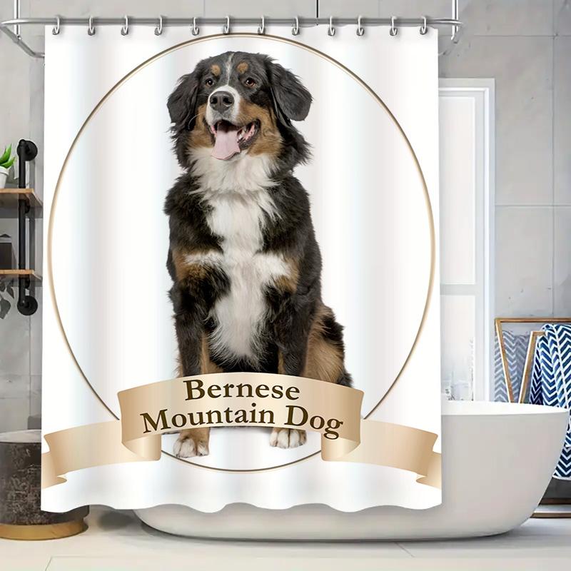 

Adorable Bernese Mountain Dog Shower Curtain Modern Bathroom Decor With White Frame Printing W60H190(CM)-1 Pcs