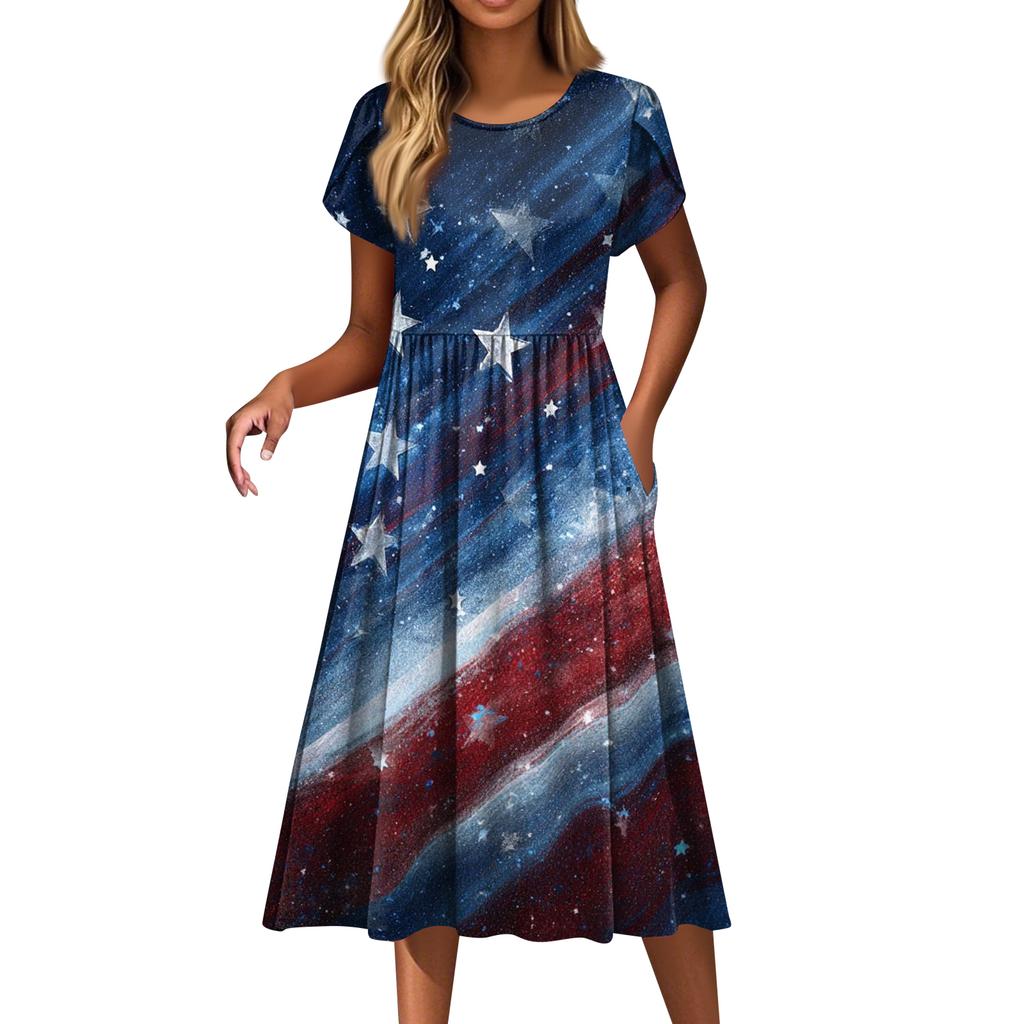 Women's Fashion Casual Loose Independence Day Printed Round Neck Pocket Short Sleeve Dress