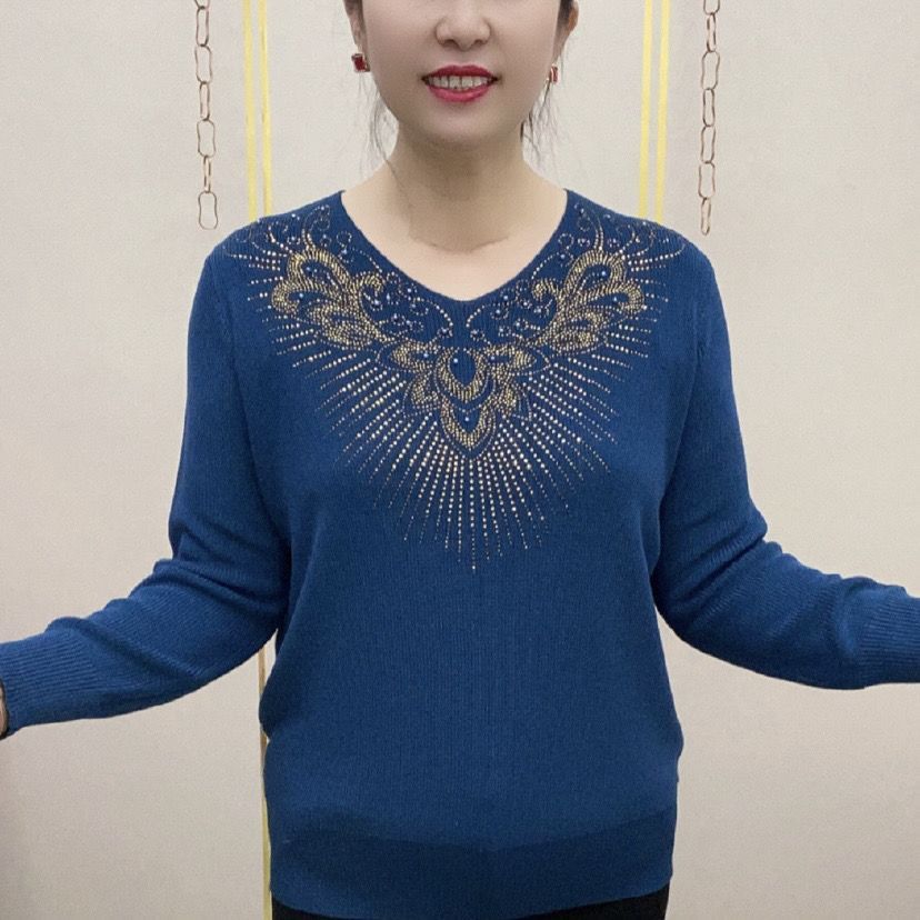 

Весна Осень Женский Свитер Большого Размера Стразы Свободный Вязаный Пуловер с V-образным Вырезом Однотонный Вязаный Топ 4XL синий