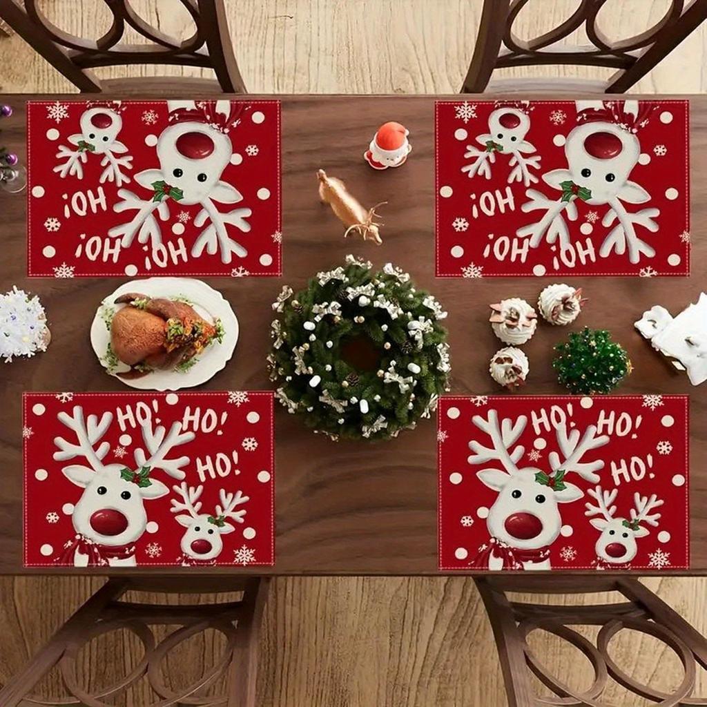 4/6pcs Reindeer Ho Ho Ho Placemats,Christmas Decor, 30.48x45.72 cm,Washable,Kitchen Dining Coffee Table Decoration Home, Party
