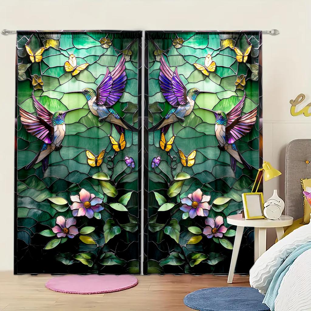 2pcs Colored Pigment Flower Painting Printed Curtain for Home Decor - Rod Pocket Window Treatment for Bedroom, Office, Kitchen