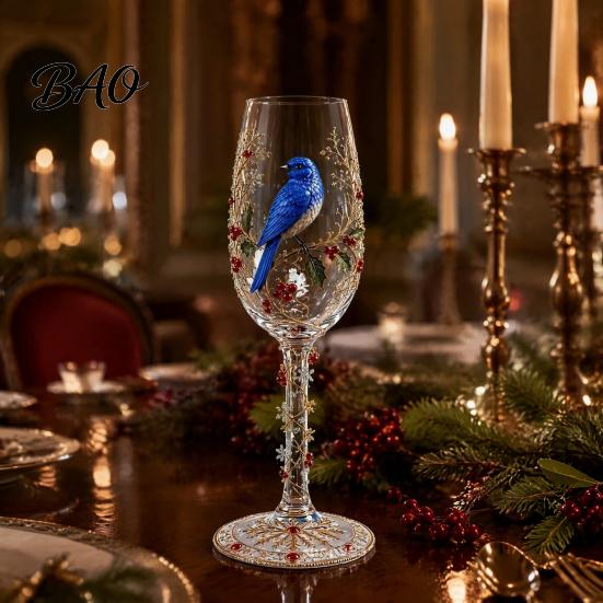 Bird Pattern Juice Glass Hand-painted Wine Glass, And Floral Design Stem Goblet, Artistic Water Goblets Crystal Borosilicate Goblet for Red