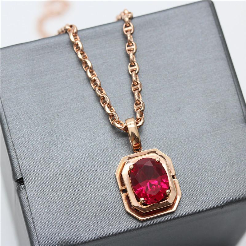 Purple Gold Inlaid Square Redstone Pendant Rose Gold Plated Luxury Classic Colored Gold Necklace