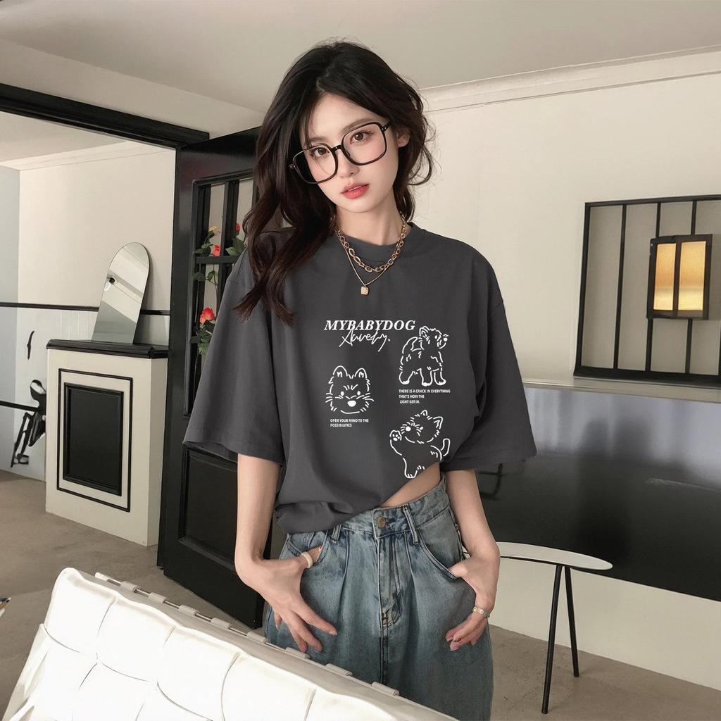 Unisex Gray Cotton Short-Sleeve Retro T-Shirt, Plus Size Loose Fit for Couples, Half-Sleeve Style