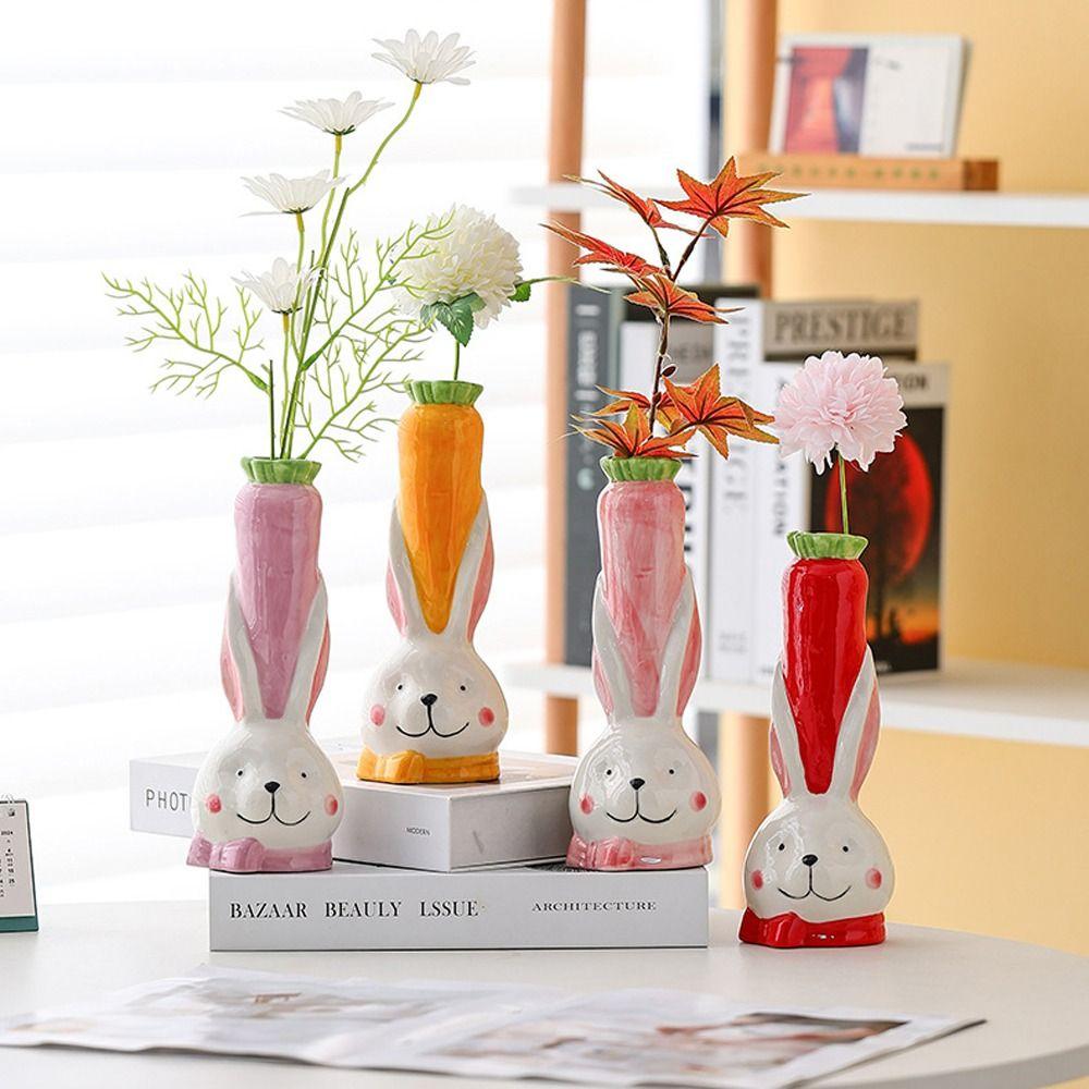 Rabbit Carrot Shape Flower Bottle Handmade Green Plants Pot Rabbit Ceramic Vase Desktop Decor