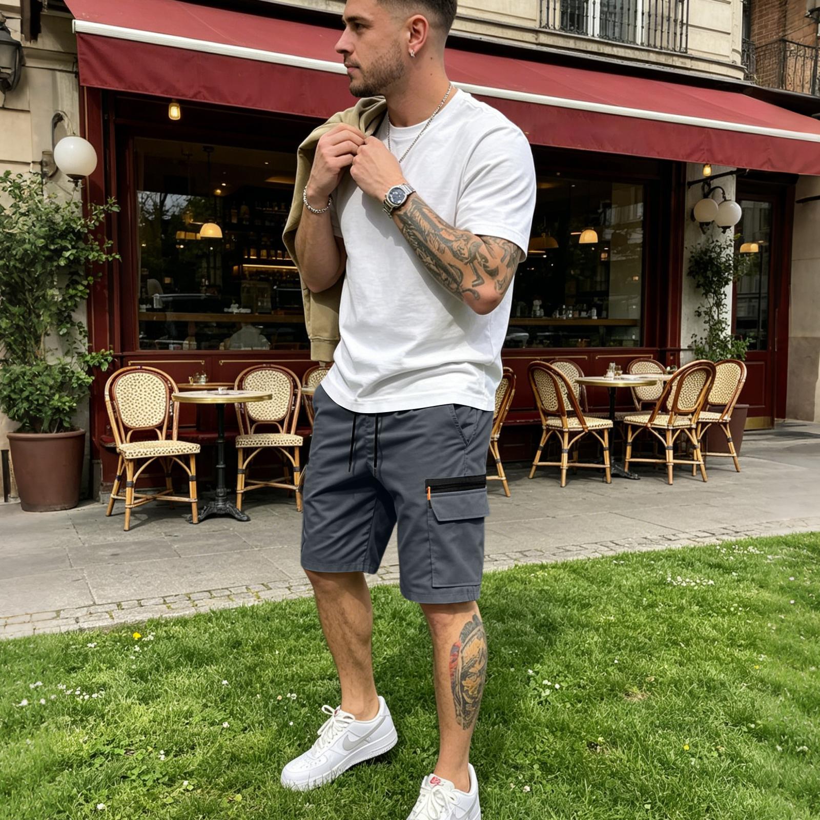 Men s Casual Loose Fit Multi Pocket Cargo Shorts with Elastic Waist Drawstring and Functional Side Flap Pockets for Outdoor Activities L