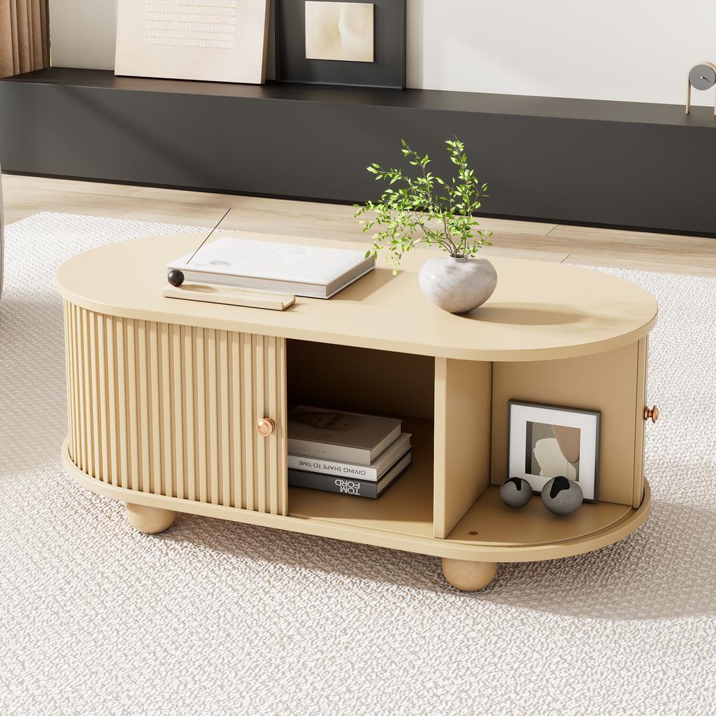 Tavolino da Caffè Ovale con Contenitore e Ante Scorrevoli, Mobile Multifunzionale Salvaspazio in Colore Legno
