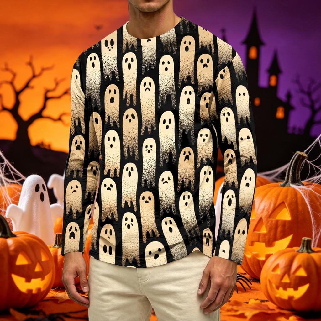 Men's Casual Long Sleeve Crew Neck T-Shirt with All Over Ghost Print Lightweight Comfortable Fit for Everyday Wear