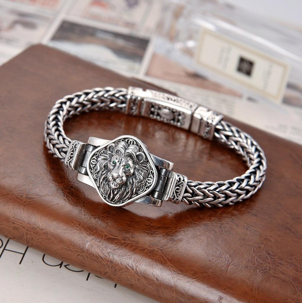 S925 Sterling Silver Hand Woven Bracelet for Men Vintage Lion Bracelet Hip-hop Punk Rock Bracelet Jewelry Gift