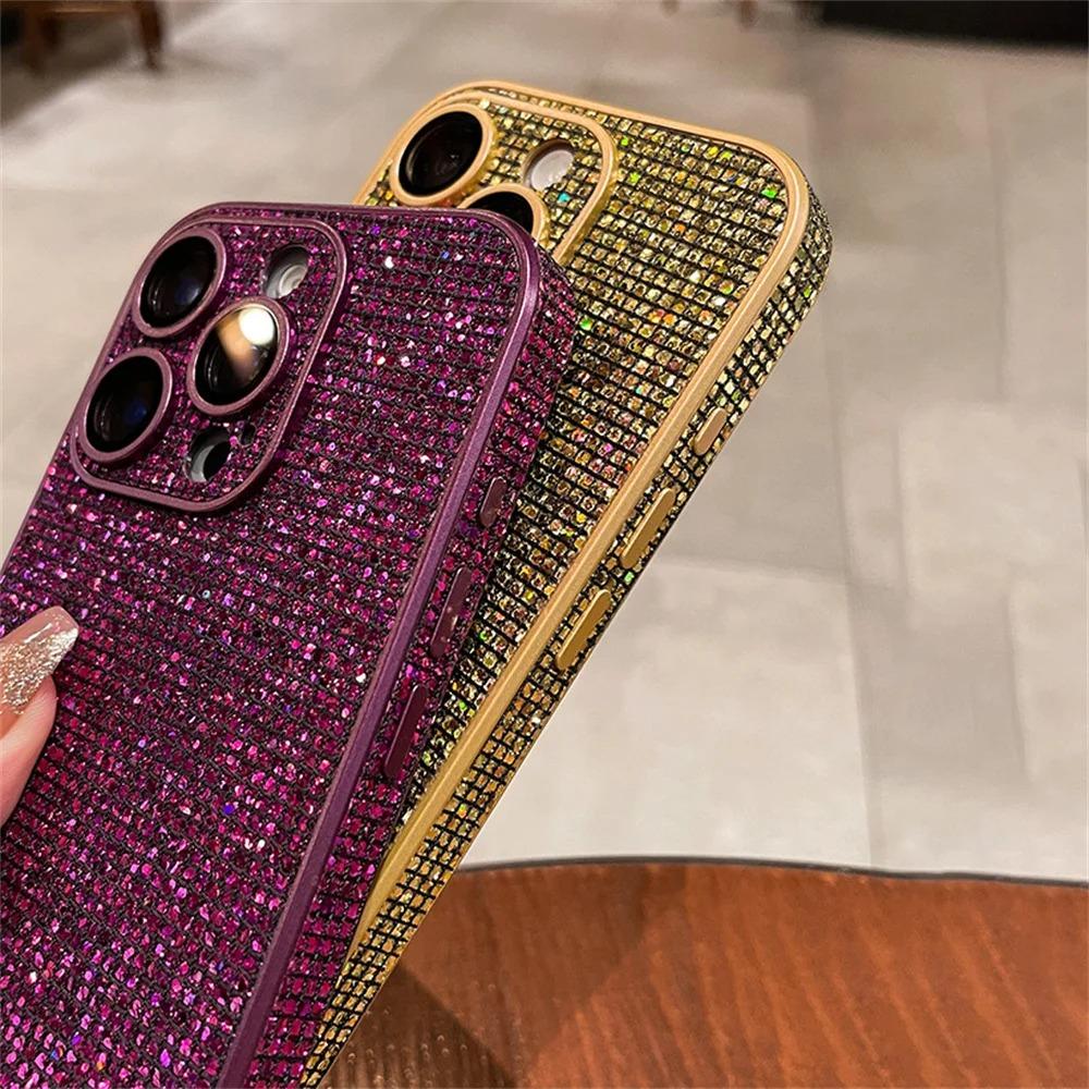 Full Screen Glitter Plaid Sequins Phone Case For iPhone 17 16 15 14 13 12 Pro Max Sparkling Lens Camera Protection Cover