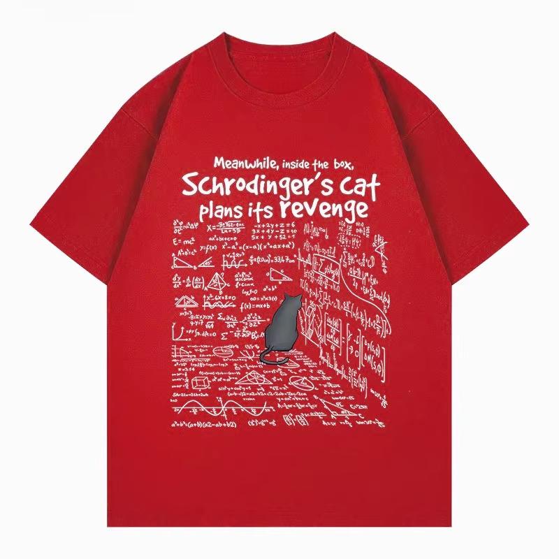 2025 Herbst Winter Neu Trendiges Schrödingers Katze Lustiger Print T-Shirt Baumwolle Locker Kurzärmelig Damen und Herren Modisches Oberteil