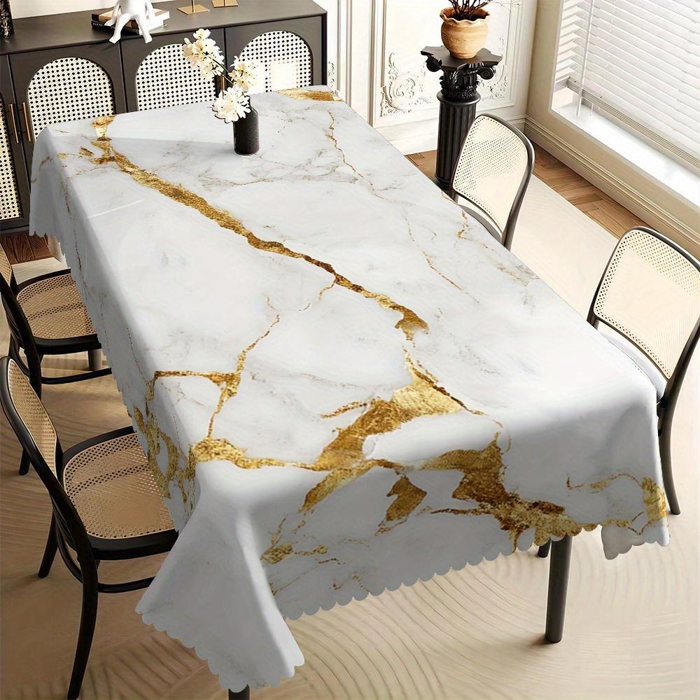 Elegante Witte Marmeren Tafelkleed met Gouden Aders Print, Golvende Rand, Vlekbestendig voor Eetkamer & Moderne Woondecoratie 100x160cm