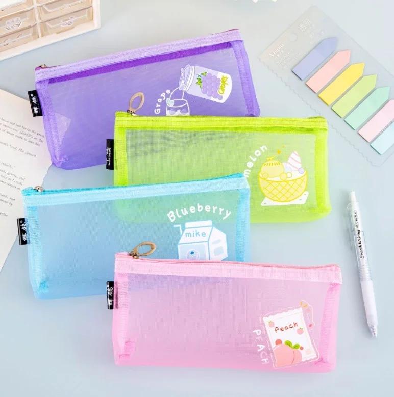 Cute Cartoon Mesh Pencil Case Large Capacity Transparent Stationery Storage Bag Cosmetic Organizer for Girls School Supplies