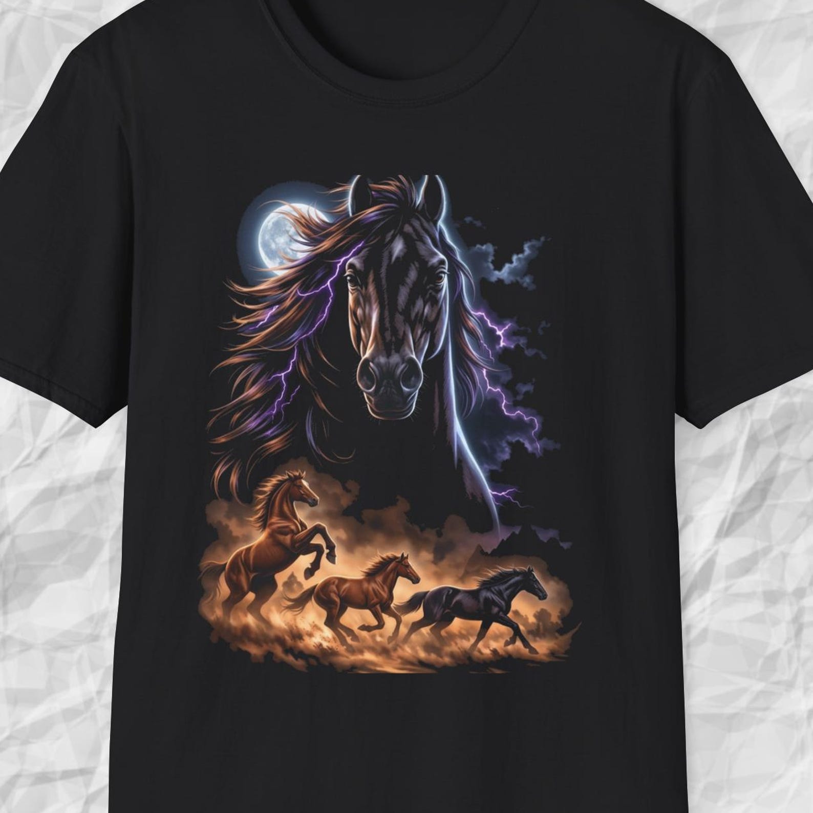 Running Horses Moon Shirt, Wild Stallion Lightning Tee, Night Desert Horse T shirt, Western Horse Lover Tee Gift S
