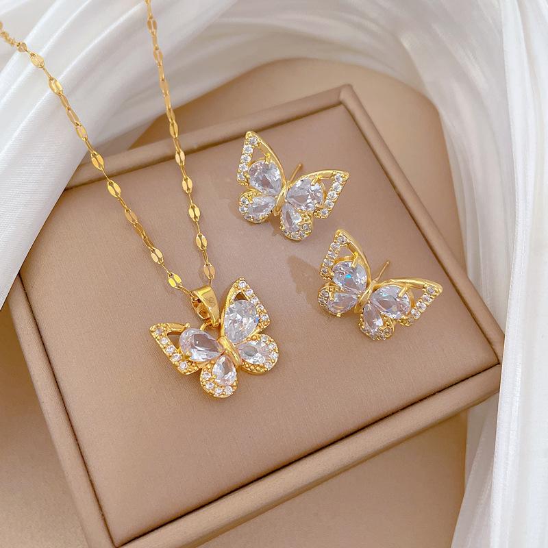 Exquisite Zircon Butterfly Earrings Necklace Jewelry Set Women's Stainless Steel Butterfly Flower Clavicle Necklace Jewelry